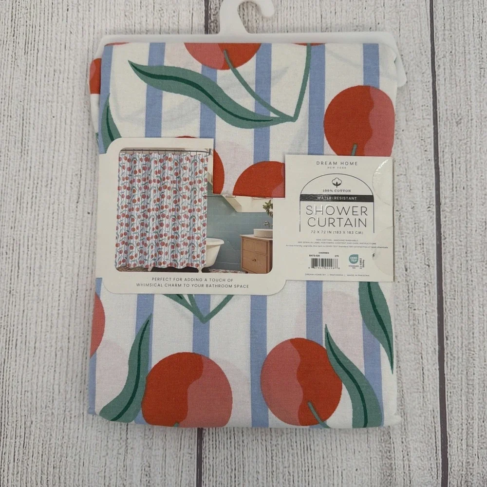 Whimsical Cherries Shower Curtain White Blue Stripe 100% Cotton Dream Home